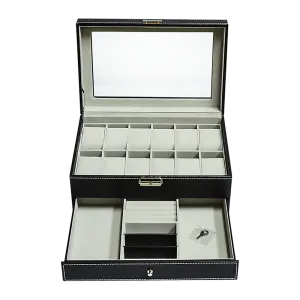 12 Grids Watch Display Case Leather jewellery Storage Box Organiser Lock Key