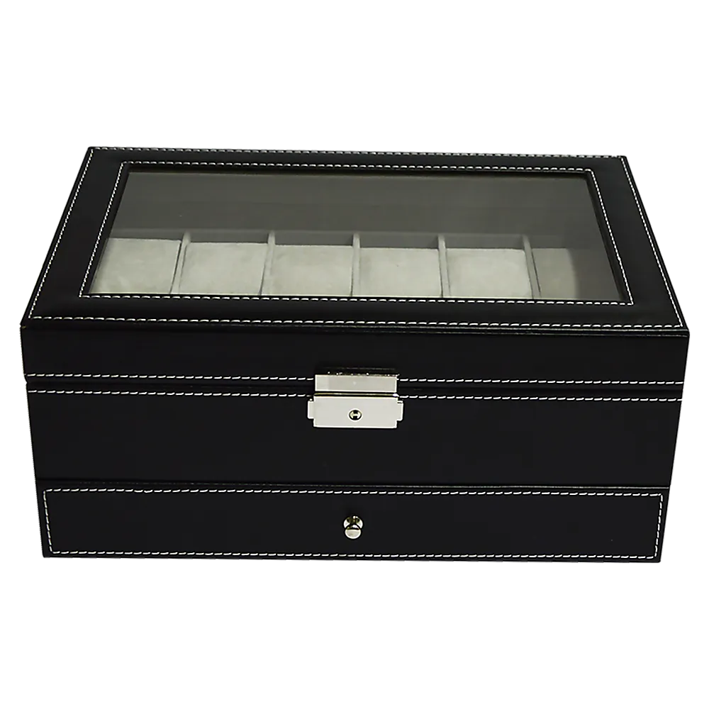 12 Grids Watch Display Case Leather jewellery Storage Box Organiser Lock Key