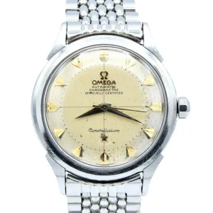 1954 Omega Classic Early Constellation Chronometer Model 2782 in Stainless Steel on Beads of Rice Bracelet   Original Box