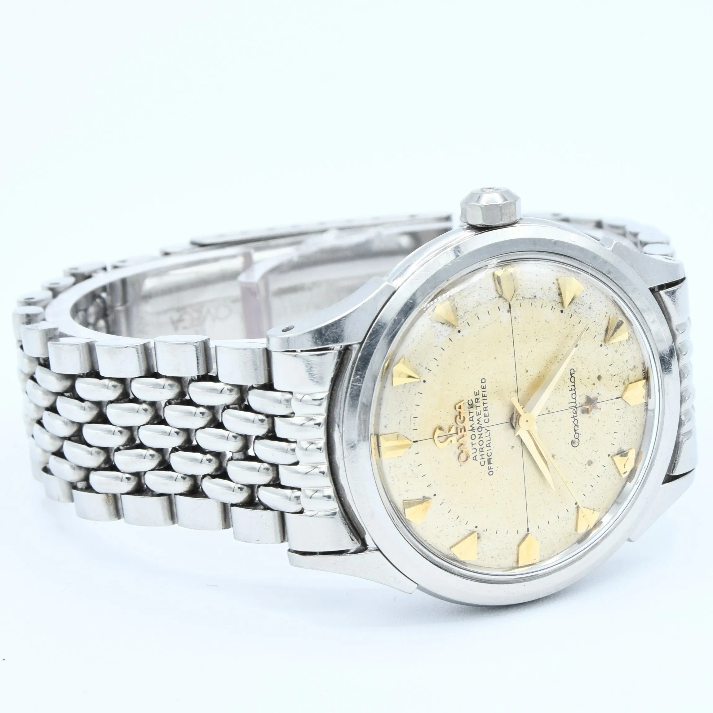 1954 Omega Classic Early Constellation Chronometer Model 2782 in Stainless Steel on Beads of Rice Bracelet   Original Box