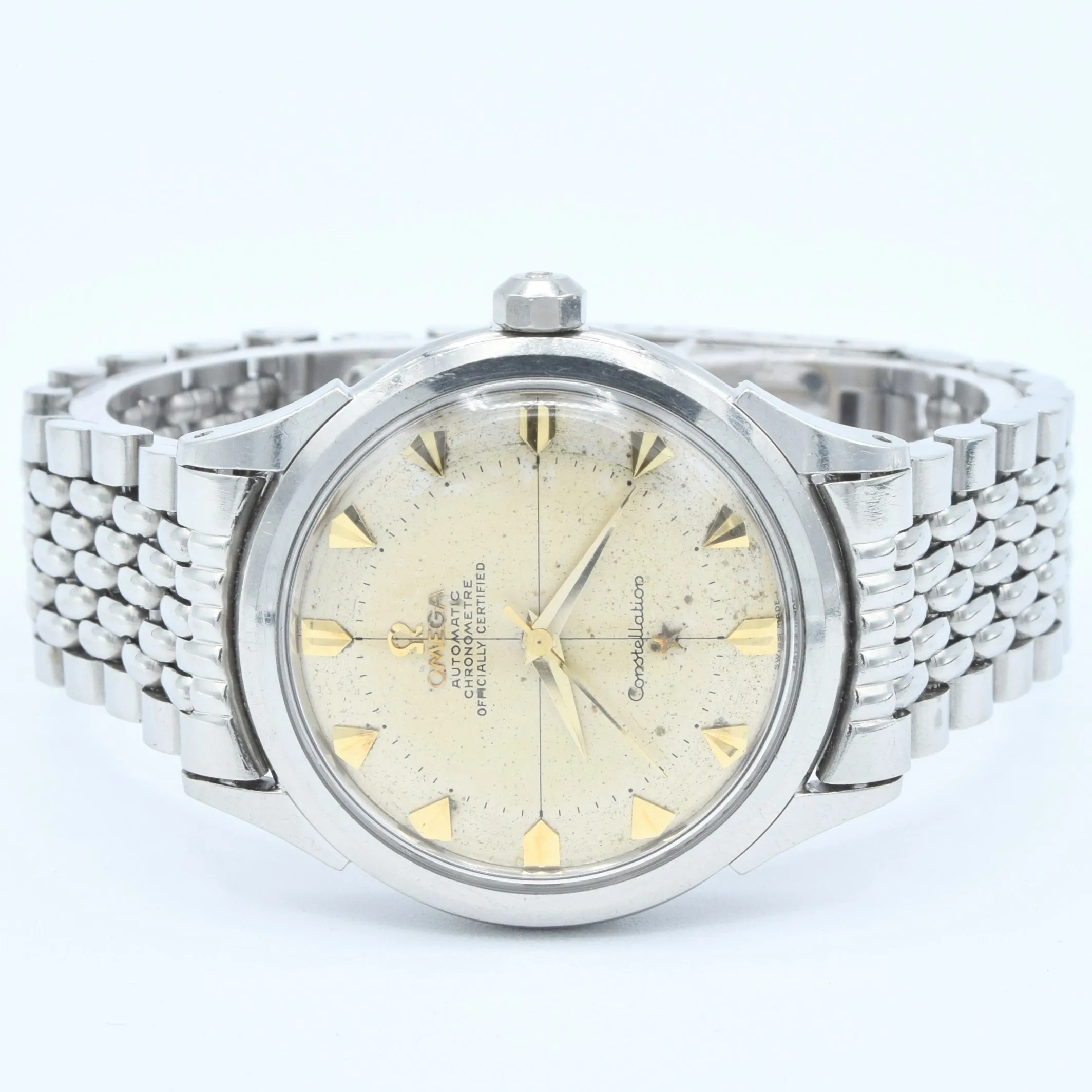 1954 Omega Classic Early Constellation Chronometer Model 2782 in Stainless Steel on Beads of Rice Bracelet   Original Box