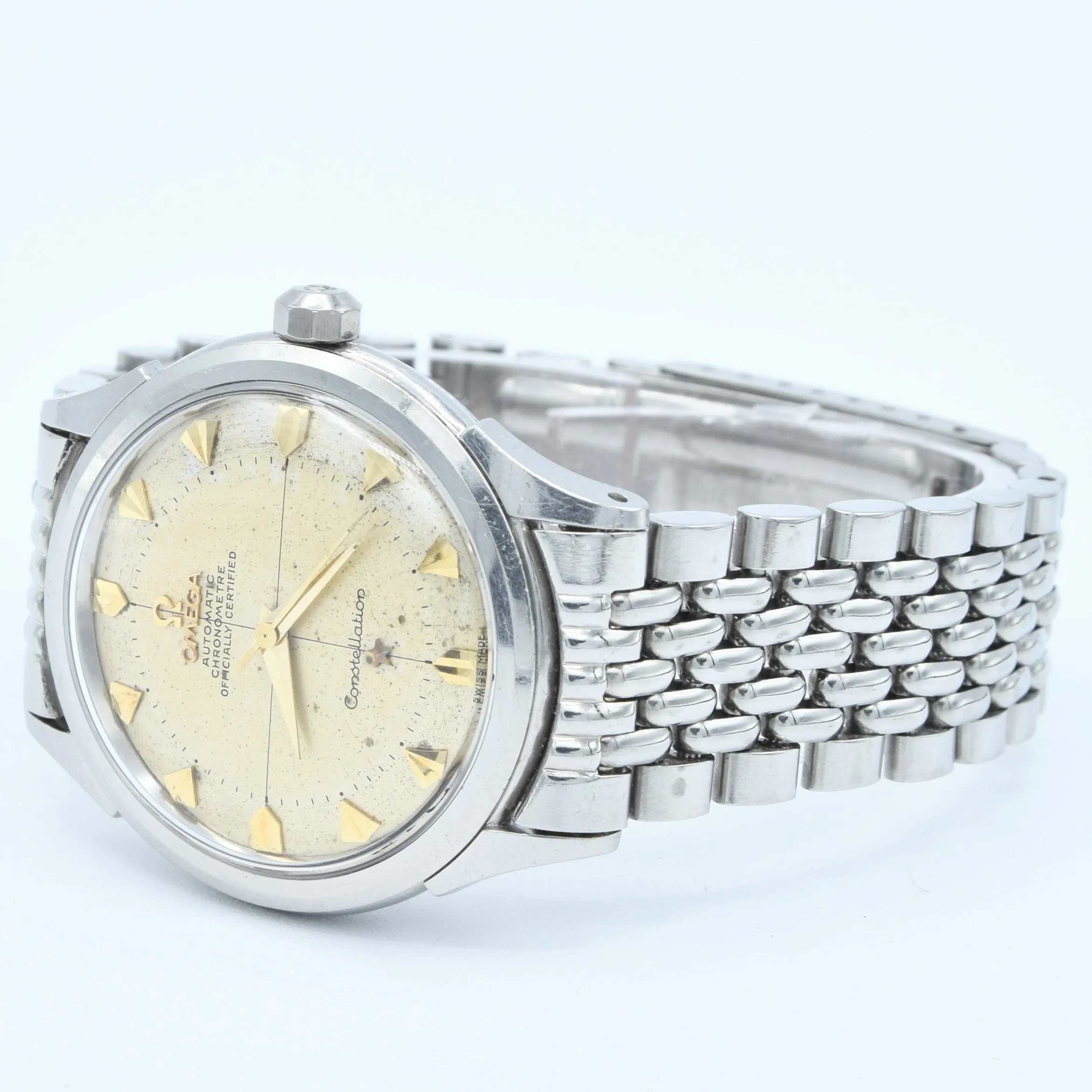 1954 Omega Classic Early Constellation Chronometer Model 2782 in Stainless Steel on Beads of Rice Bracelet   Original Box