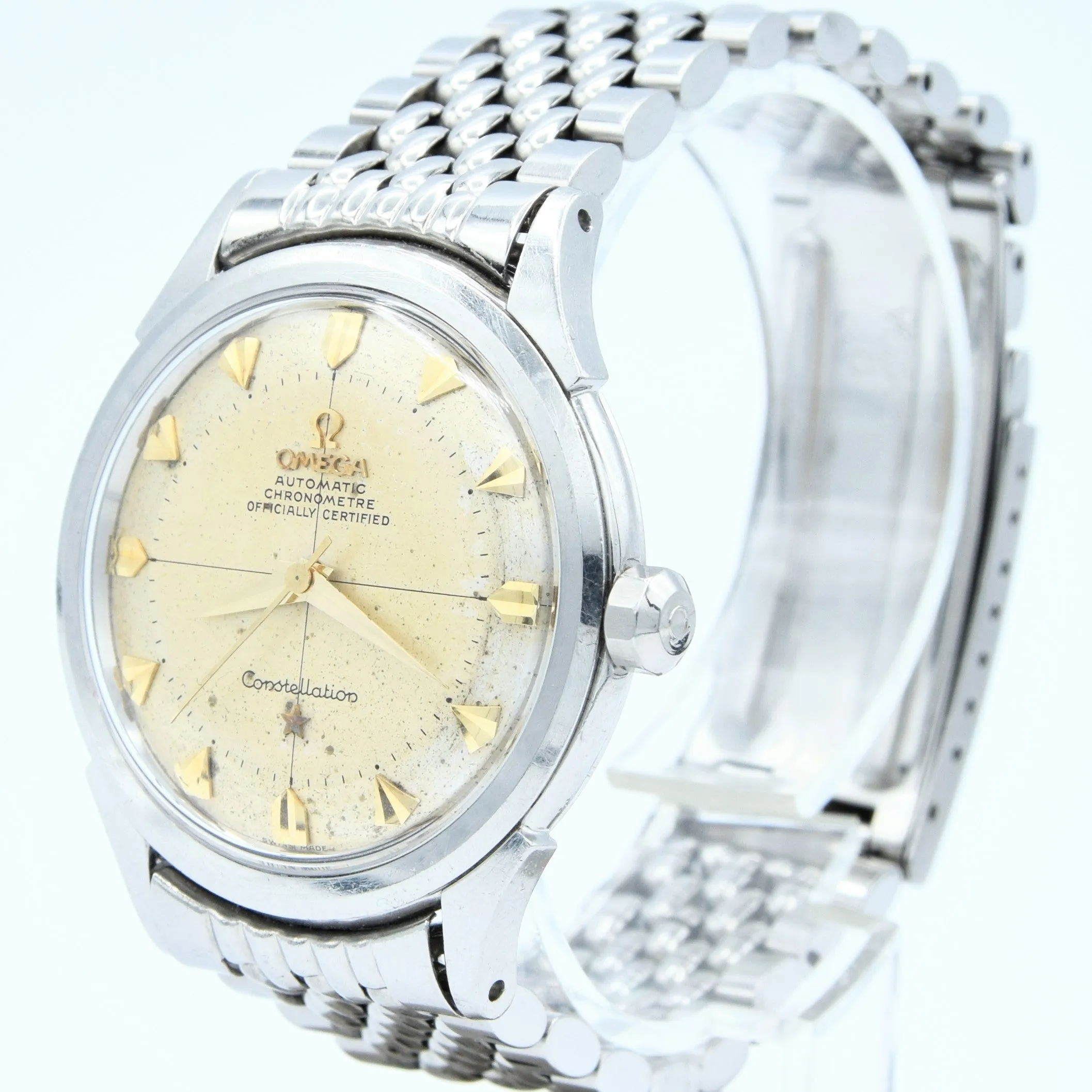 1954 Omega Classic Early Constellation Chronometer Model 2782 in Stainless Steel on Beads of Rice Bracelet   Original Box