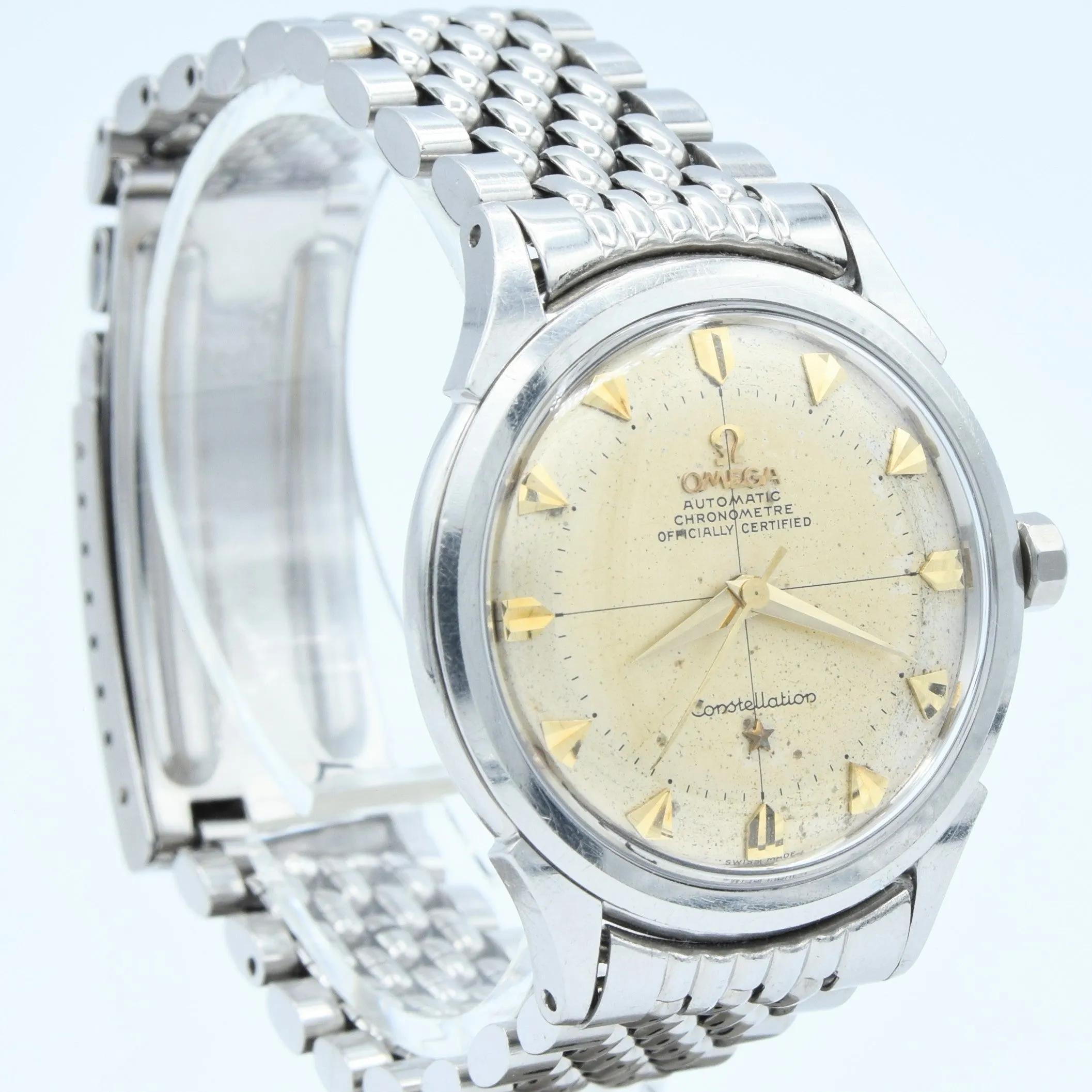 1954 Omega Classic Early Constellation Chronometer Model 2782 in Stainless Steel on Beads of Rice Bracelet   Original Box