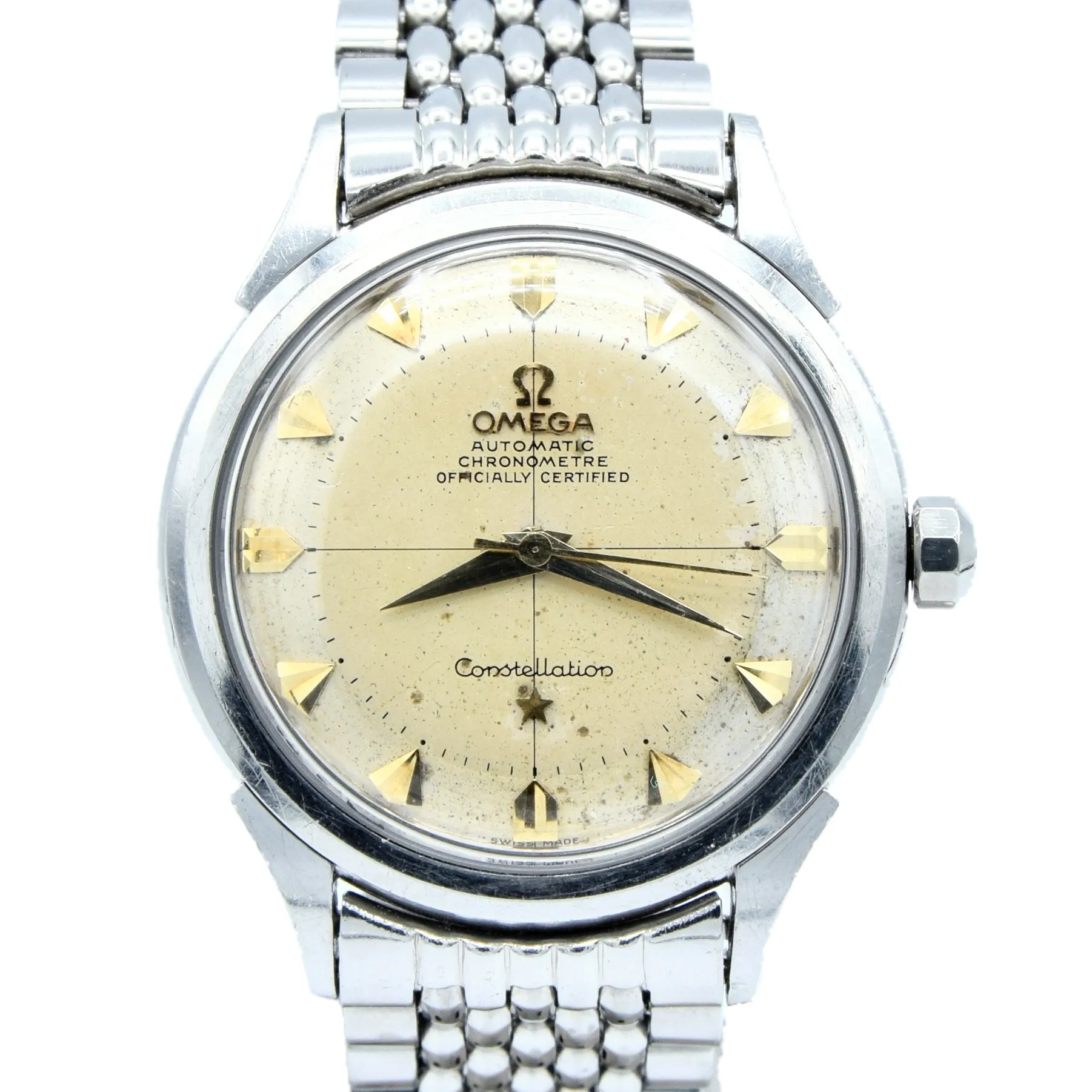 1954 Omega Classic Early Constellation Chronometer Model 2782 in Stainless Steel on Beads of Rice Bracelet   Original Box