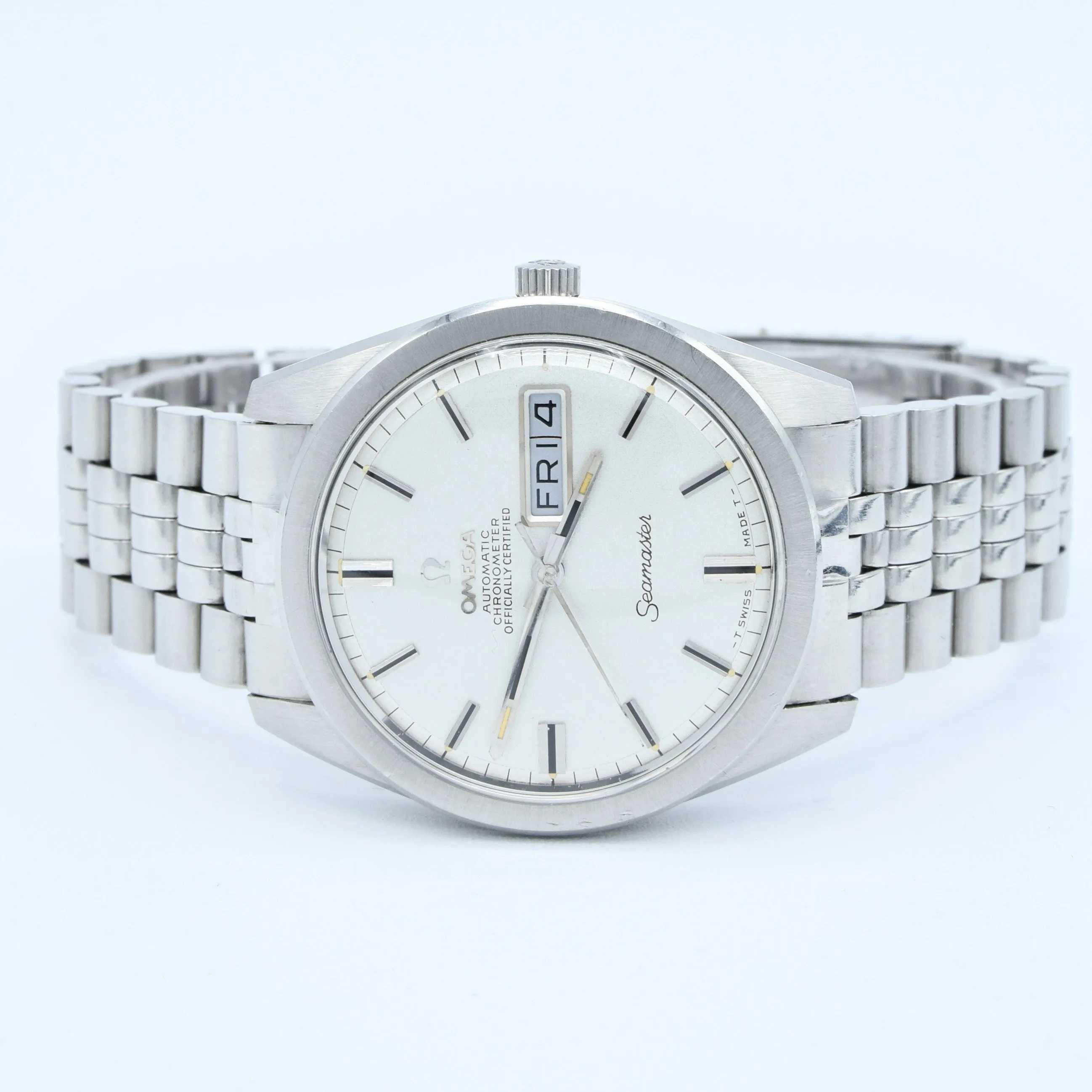 1969 Omega Seamaster Automatic Rare Chronometer Day/Date Model 168.023 with Glitter Dial in Stainless Steel on Bracelet with Box