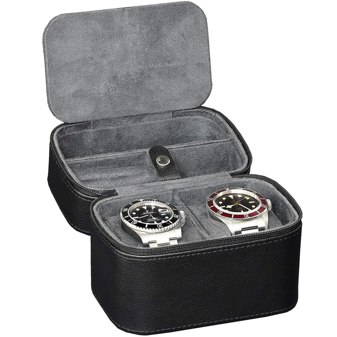 2 Watch Travel Case Storage Organizer for 2 Watches | Tough Portable Protection w/Zipper Fits All Wristwatches & Smart Watches Up to 50mm Black/Grey