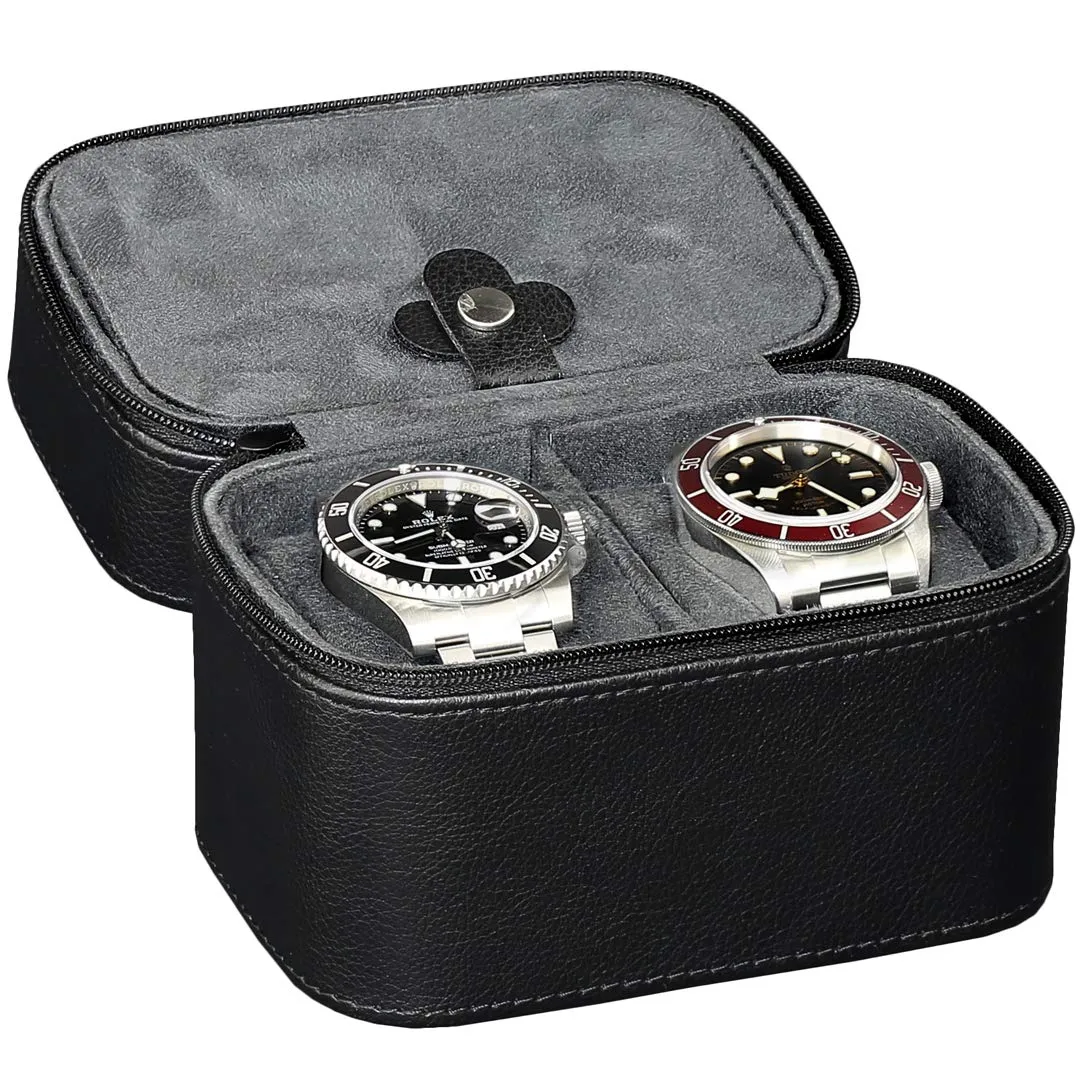 2 Watch Travel Case Storage Organizer for 2 Watches | Tough Portable Protection w/Zipper Fits All Wristwatches & Smart Watches Up to 50mm Black/Grey