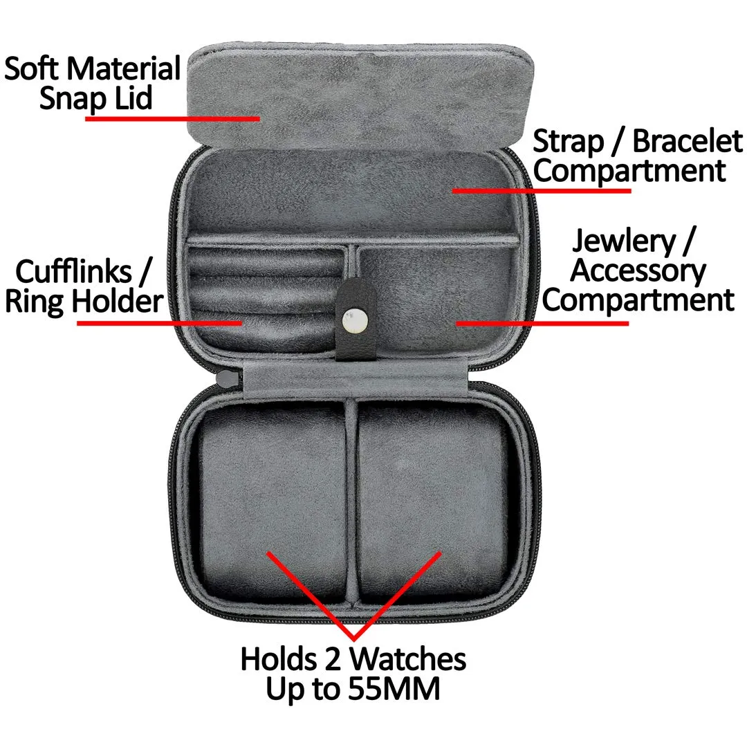 2 Watch Travel Case Storage Organizer for 2 Watches | Tough Portable Protection w/Zipper Fits All Wristwatches & Smart Watches Up to 50mm Black/Grey