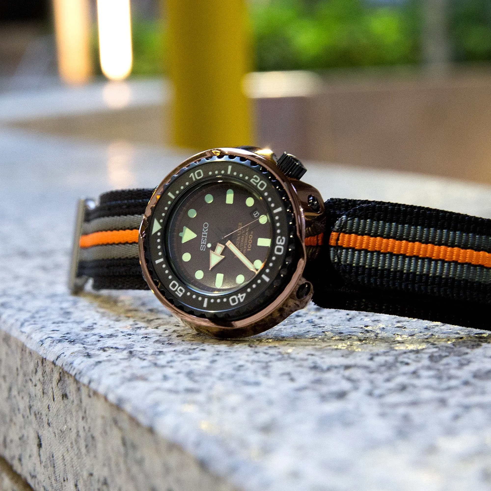 22mm MiLTAT Black, Khaki & Orange Stripes 3-D Nylon Velcro Fastener Watch Strap, Sandblasted Buckle
