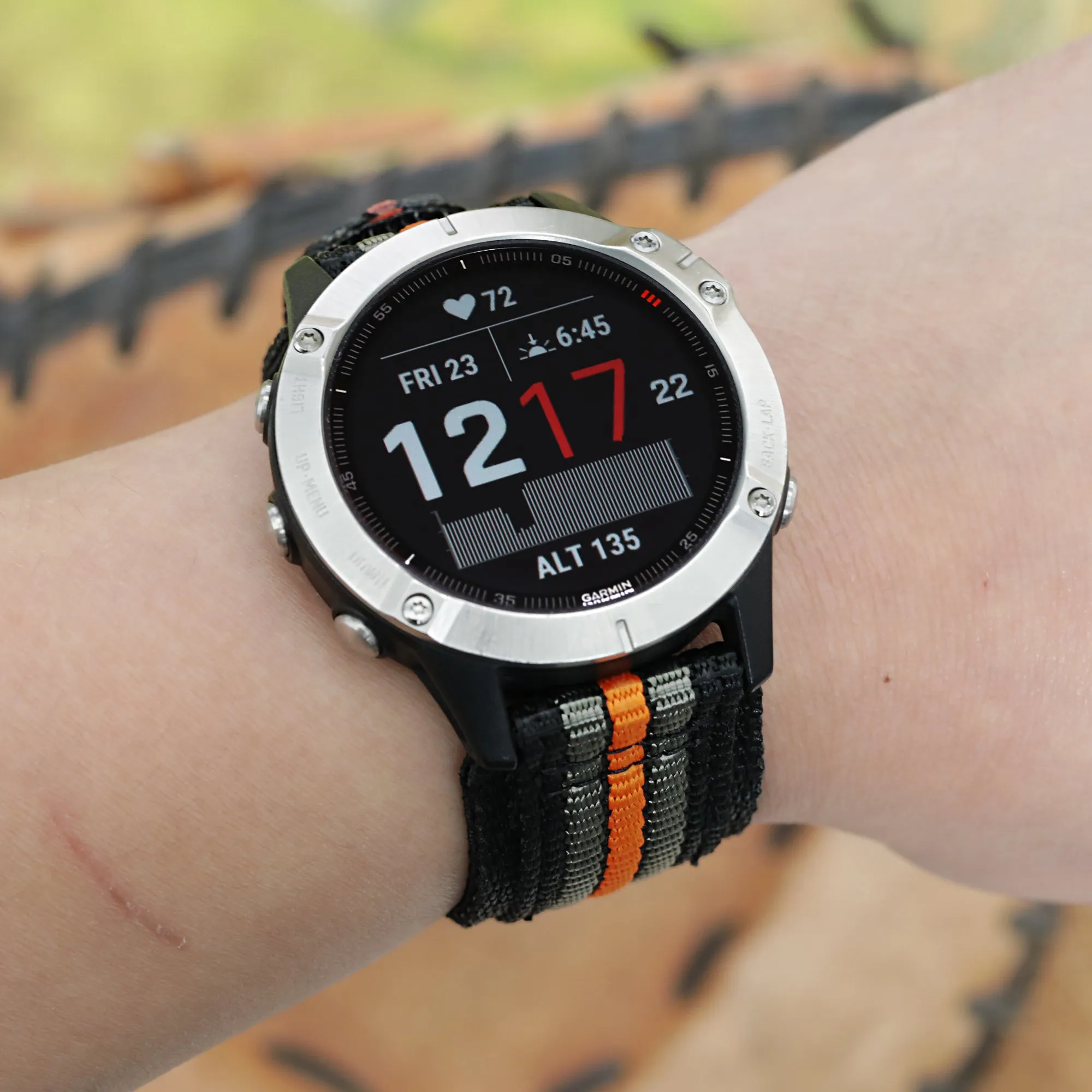 22mm MiLTAT Black, Khaki & Orange Stripes 3-D Nylon Velcro Fastener Watch Strap, Sandblasted Buckle