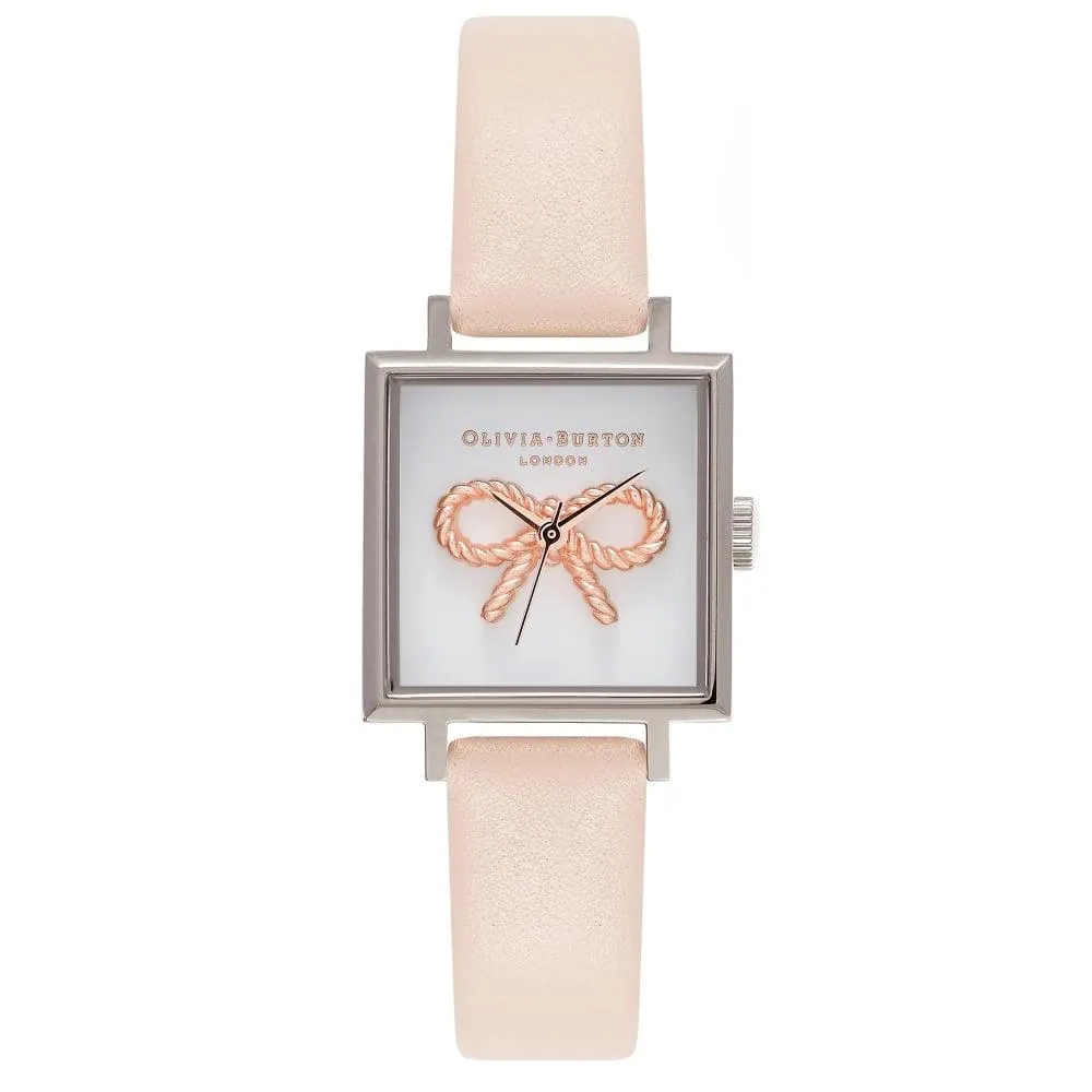 3D Vintage Bow Midi Square Dial, Nude Peach, Rose Gold & Silver Watch