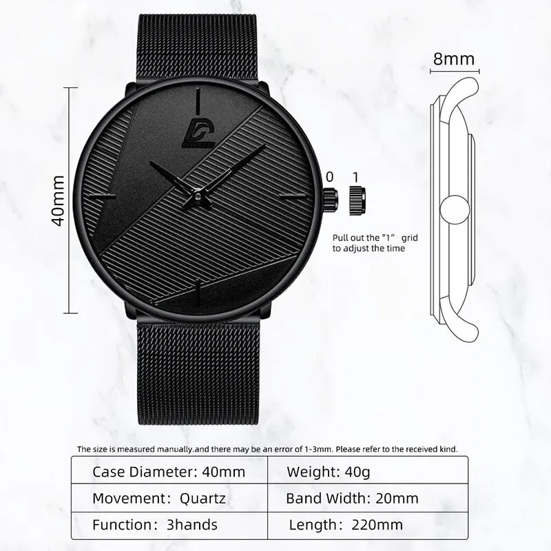 3pcs Set Minimalism Fashion Mens Watches Simple Men Business Mesh Belt Quartz Watch Male Casual Necklace Bracelet Wristwatch