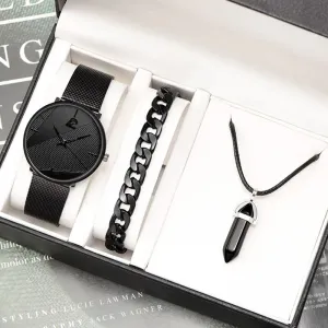 3pcs Set Minimalism Fashion Mens Watches Simple Men Business Mesh Belt Quartz Watch Male Casual Necklace Bracelet Wristwatch
