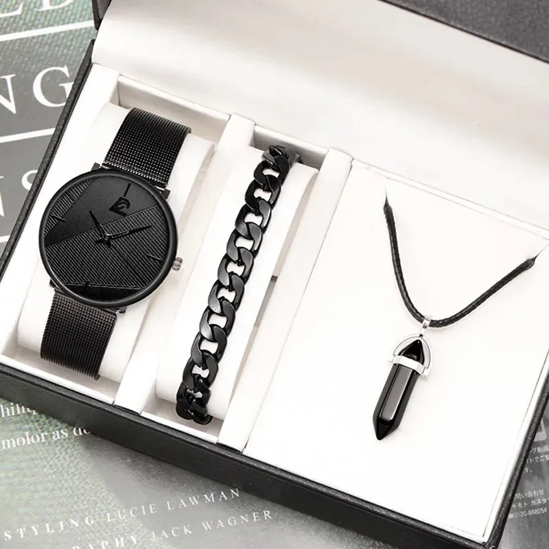 3pcs Set Minimalism Fashion Mens Watches Simple Men Business Mesh Belt Quartz Watch Male Casual Necklace Bracelet Wristwatch
