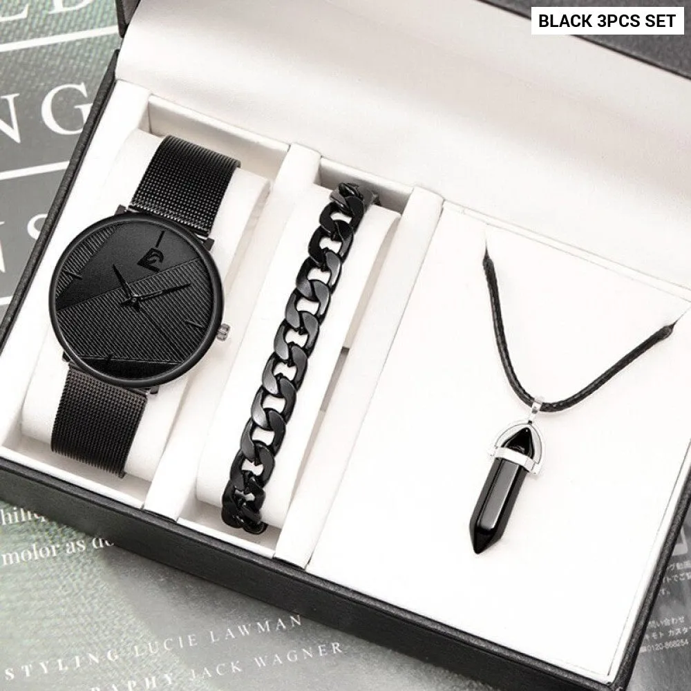 3pcs Set Minimalism Fashion Mens Watches Simple Men Business Mesh Belt Quartz Watch Male Casual Necklace Bracelet Wristwatch