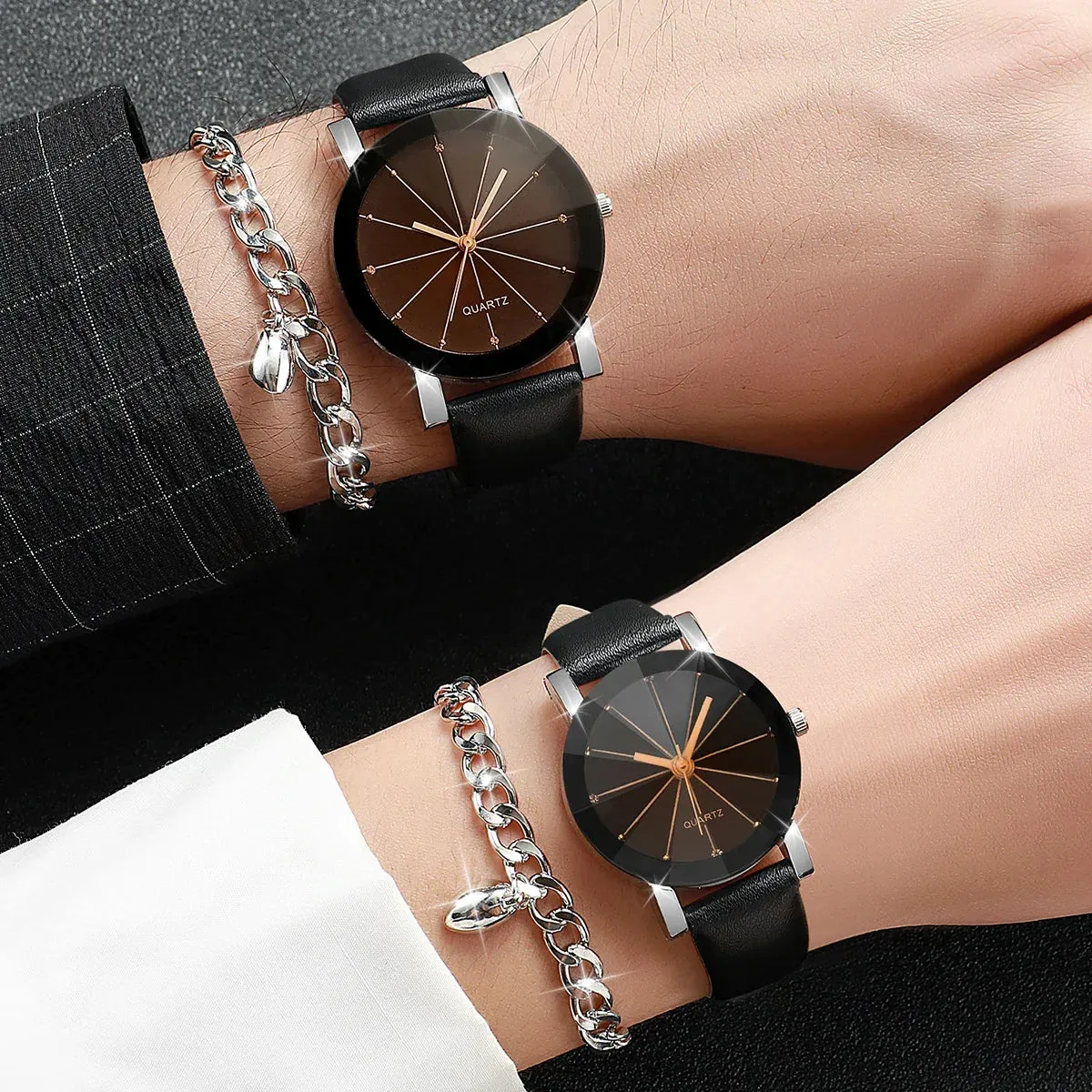 4 Piece Rhinestone Couple S Watch Bracelet Set