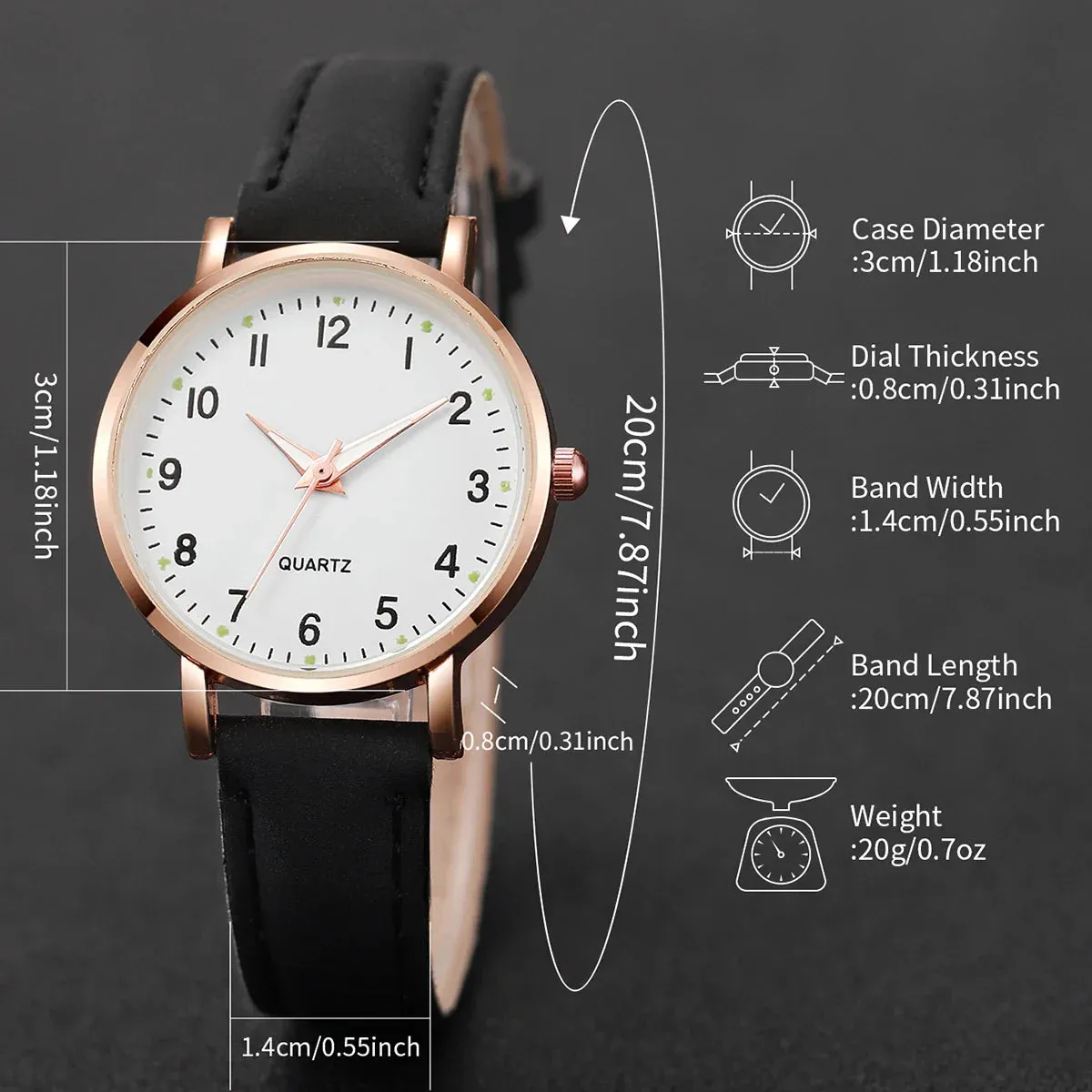 7 Piece Arabic Dial Quartz Watch Set Leather Band - Without Box