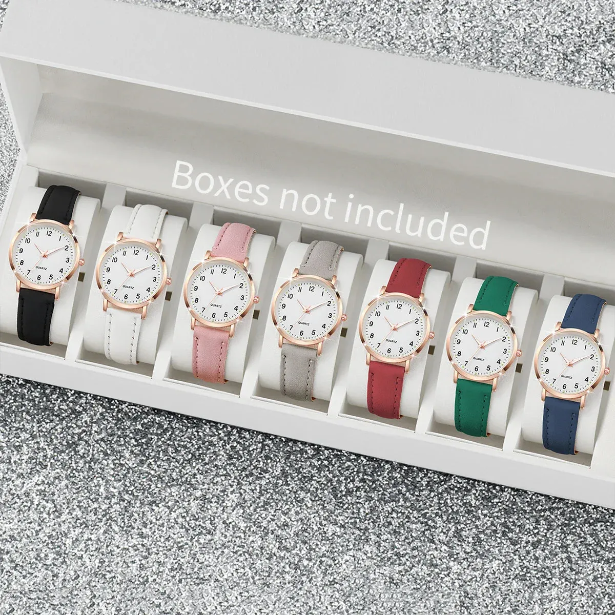 7 Piece Arabic Dial Quartz Watch Set Leather Band - Without Box