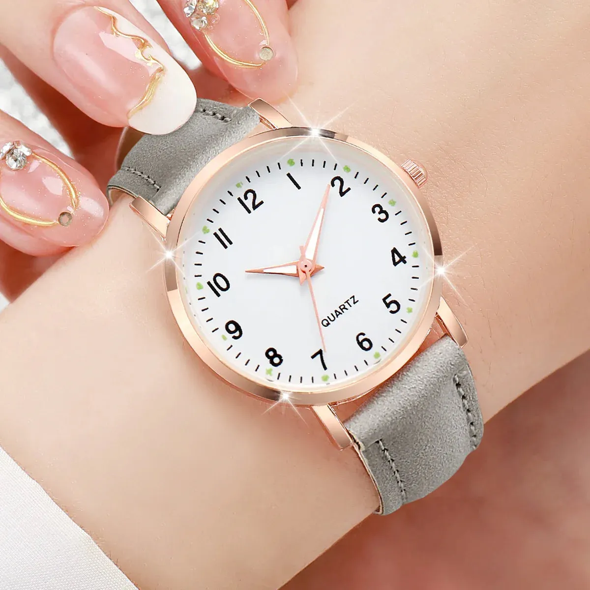 7 Piece Arabic Dial Quartz Watch Set Leather Band - Without Box