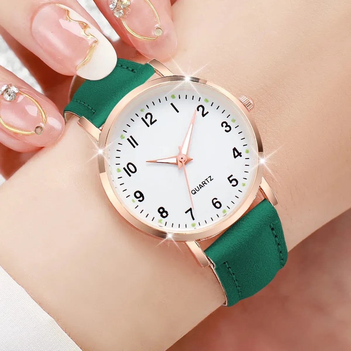 7 Piece Arabic Dial Quartz Watch Set Leather Band - Without Box