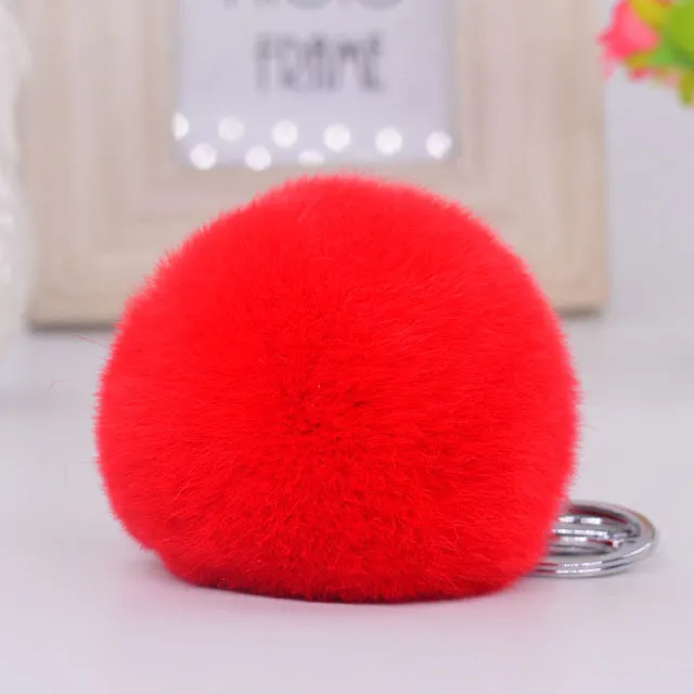 8CM Genuine rex Rabbit fur ball Silver color keychain cute Car key ring Bag Pendant fur pom fluffy key chains