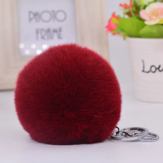 8CM Genuine rex Rabbit fur ball Silver color keychain cute Car key ring Bag Pendant fur pom fluffy key chains