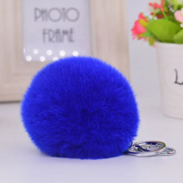 8CM Genuine rex Rabbit fur ball Silver color keychain cute Car key ring Bag Pendant fur pom fluffy key chains