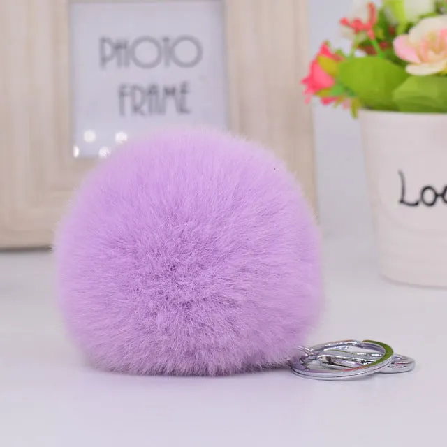 8CM Genuine rex Rabbit fur ball Silver color keychain cute Car key ring Bag Pendant fur pom fluffy key chains