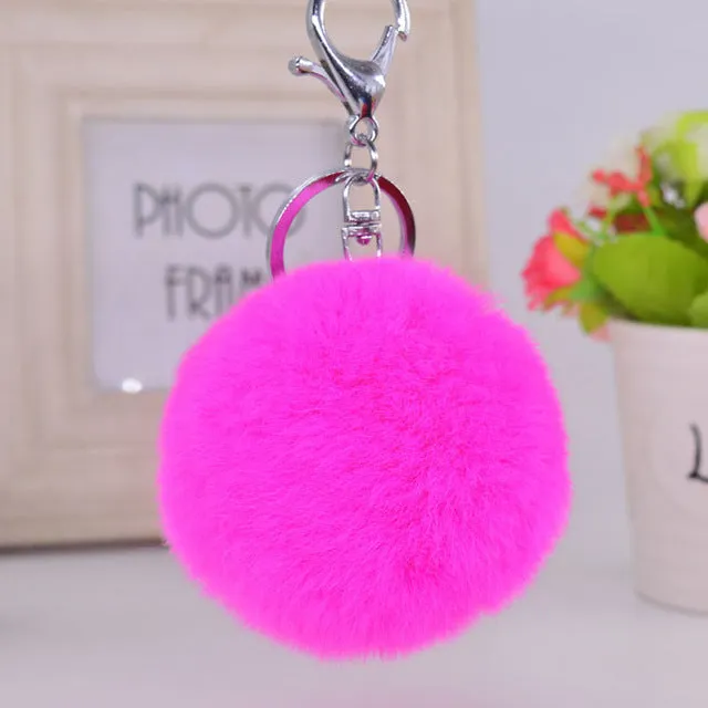 8CM Genuine rex Rabbit fur ball Silver color keychain cute Car key ring Bag Pendant fur pom fluffy key chains