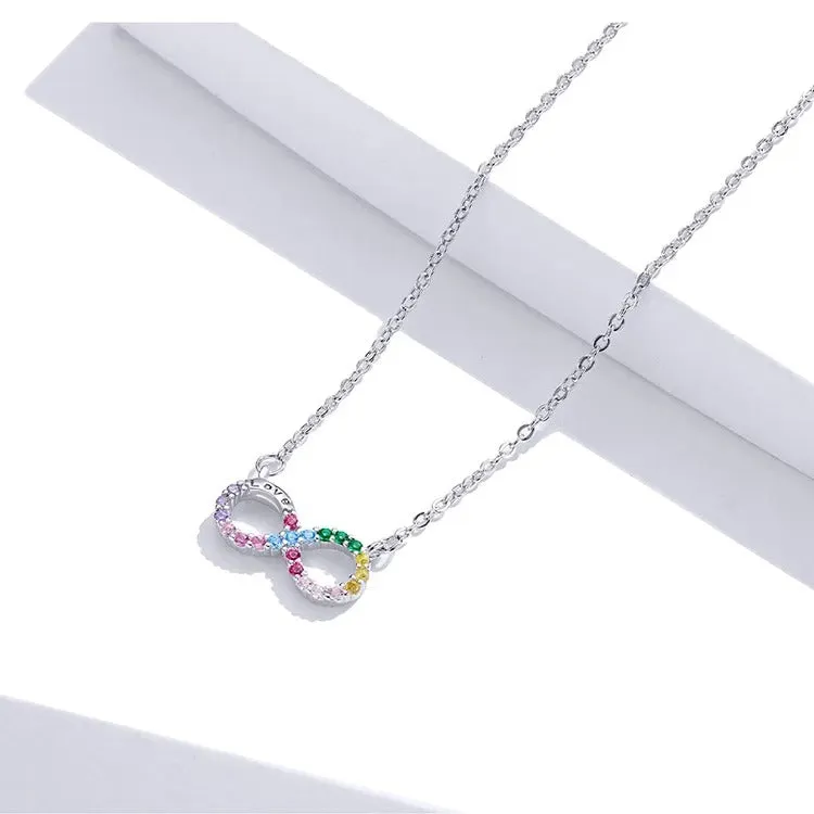 925 Sterling Silver Rainbow Color Infinite Love Short Chain Necklace for Women Girl Gift Collar