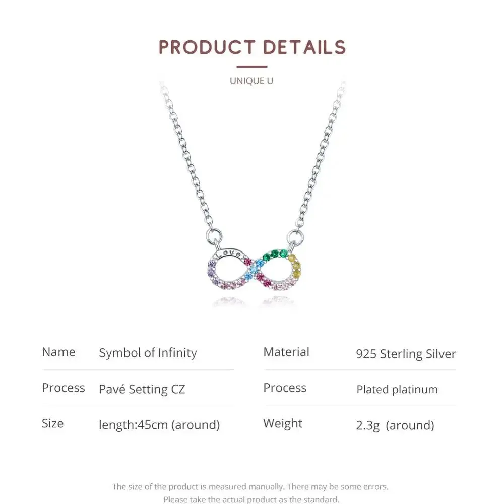 925 Sterling Silver Rainbow Color Infinite Love Short Chain Necklace for Women Girl Gift Collar