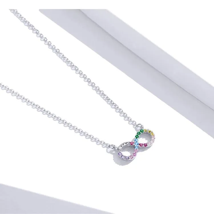 925 Sterling Silver Rainbow Color Infinite Love Short Chain Necklace for Women Girl Gift Collar