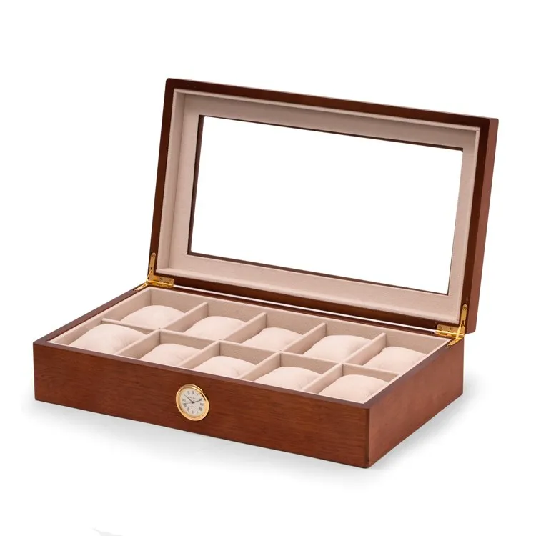 All In Time Wood Ten-Watch Box with Quartz Movement Clock - Cherry