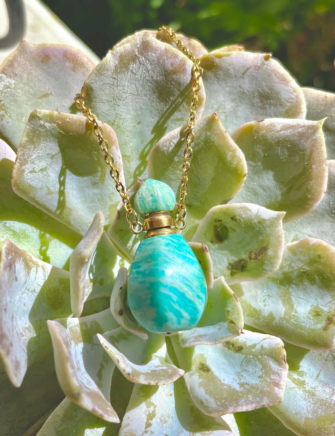 Amazonite Or Rose Quartz Gem Stone Perfume Bottle Essential Oil Necklace Pendant