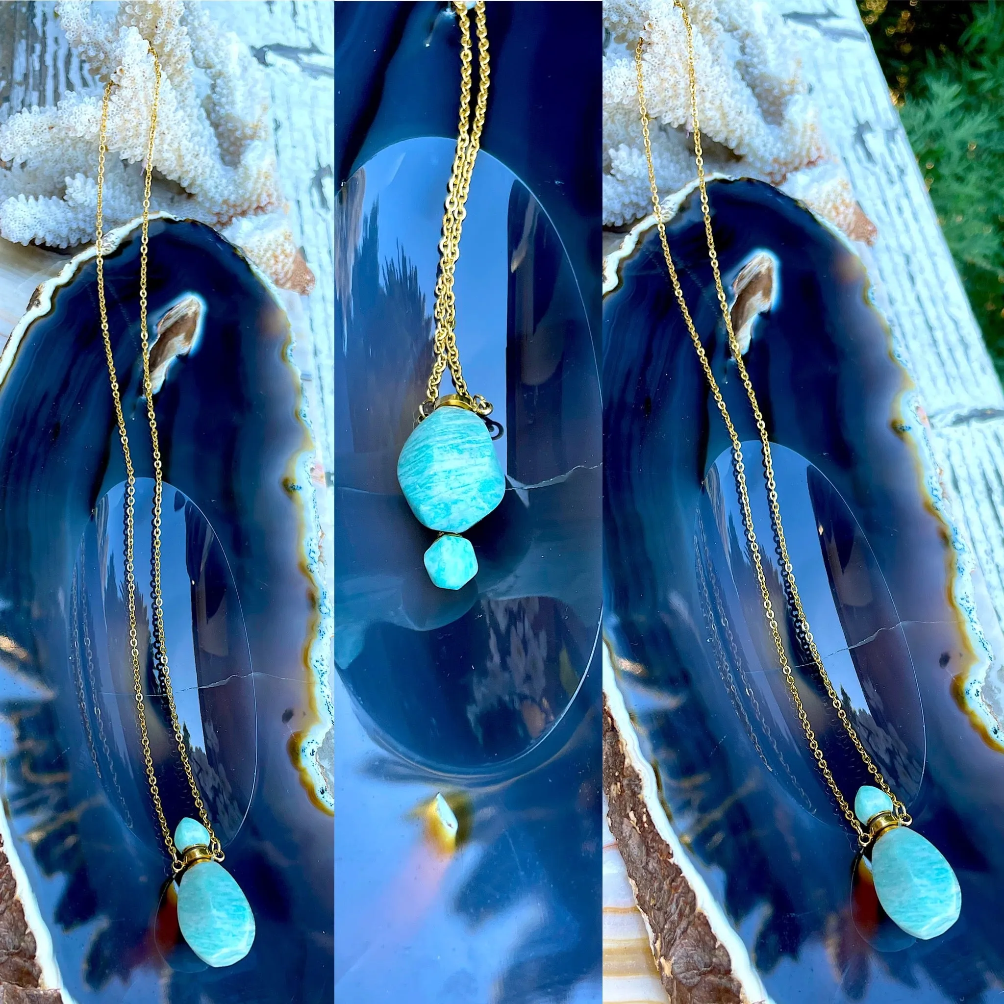 Amazonite Or Rose Quartz Gem Stone Perfume Bottle Essential Oil Necklace Pendant