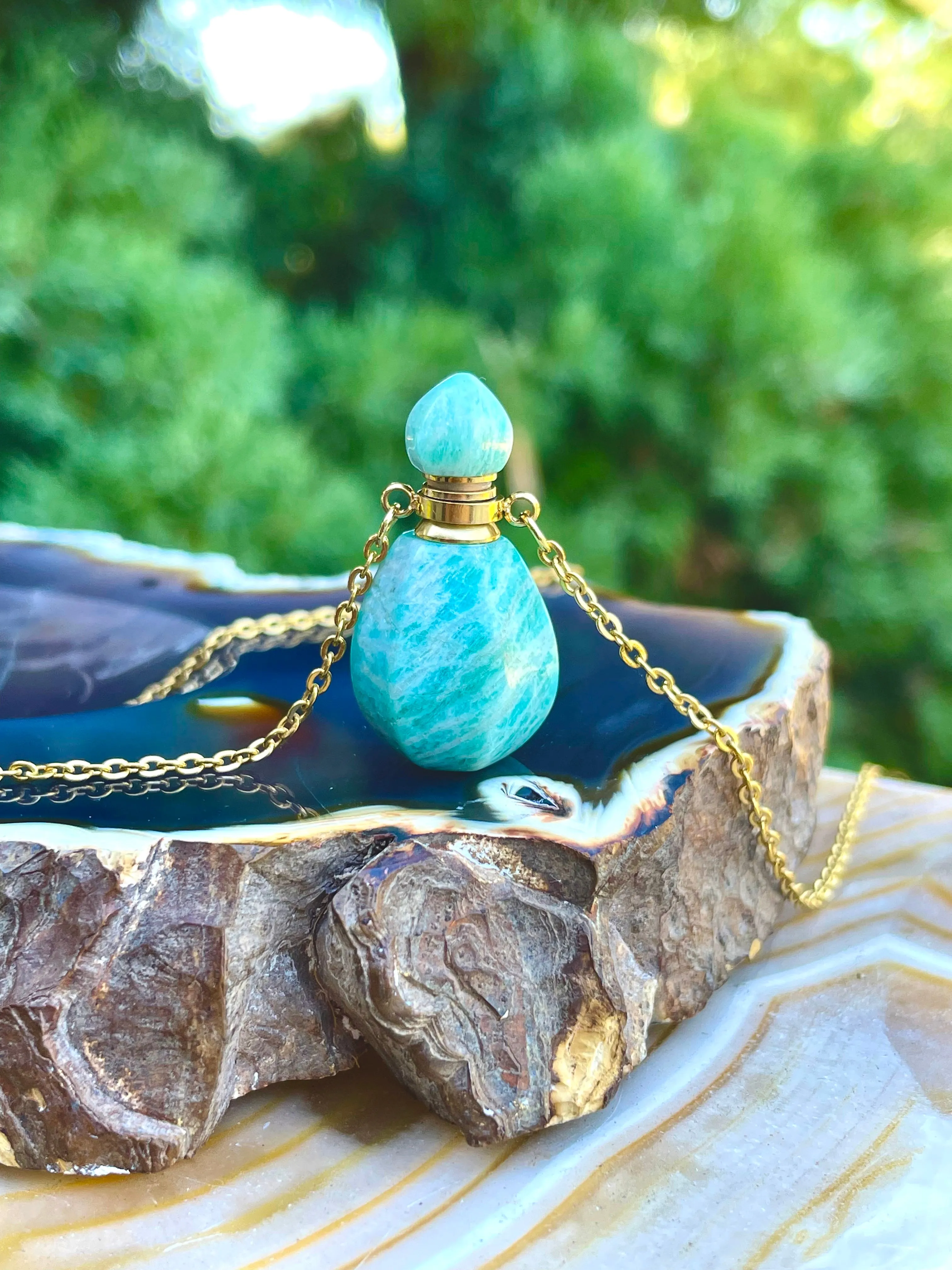 Amazonite Or Rose Quartz Gem Stone Perfume Bottle Essential Oil Necklace Pendant