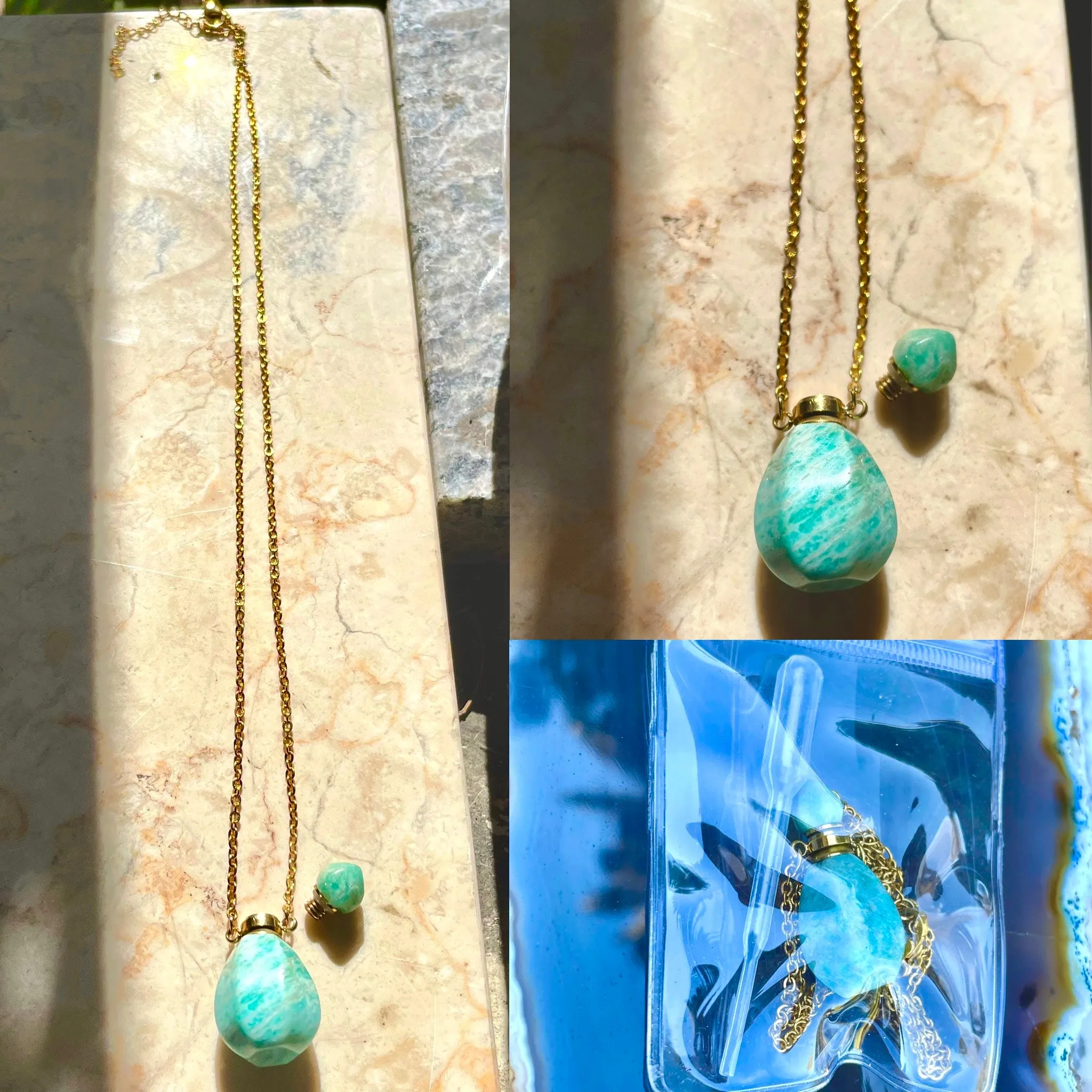 Amazonite Or Rose Quartz Gem Stone Perfume Bottle Essential Oil Necklace Pendant
