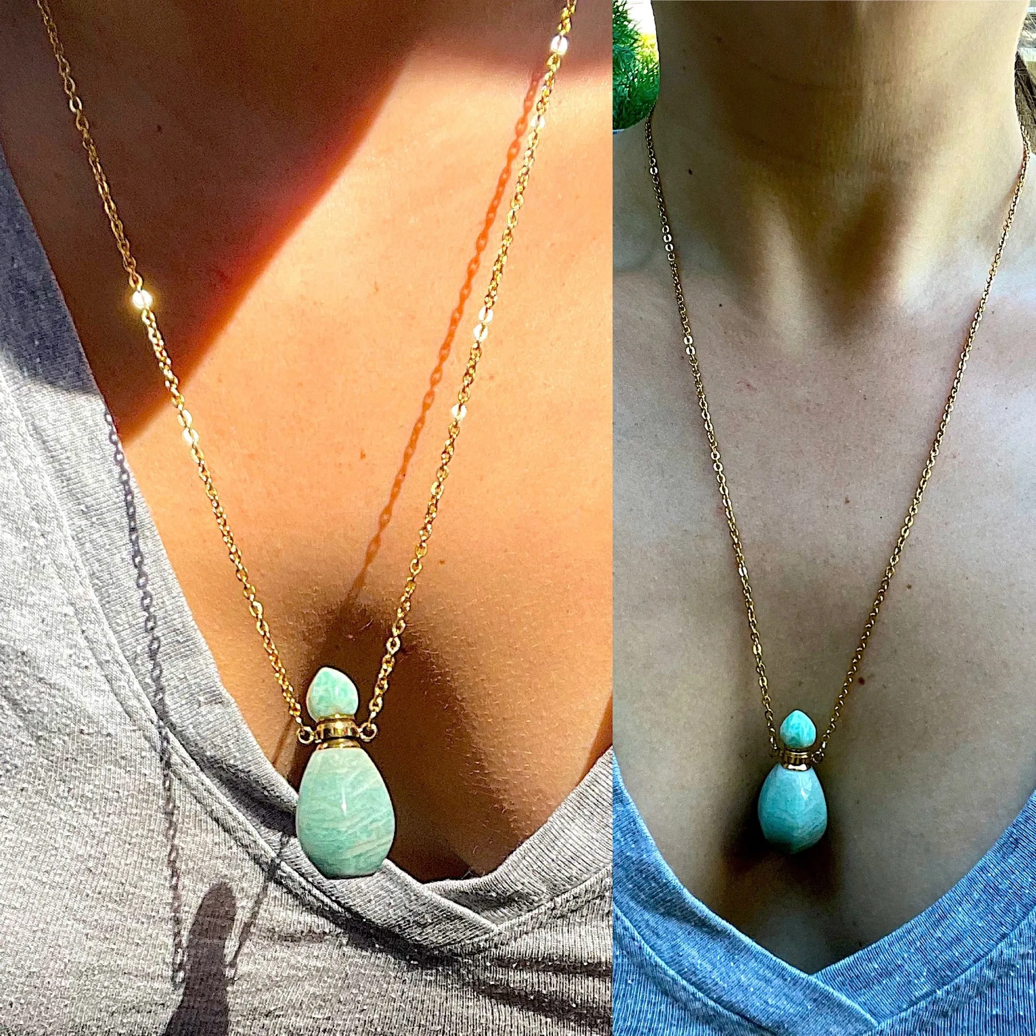 Amazonite Or Rose Quartz Gem Stone Perfume Bottle Essential Oil Necklace Pendant