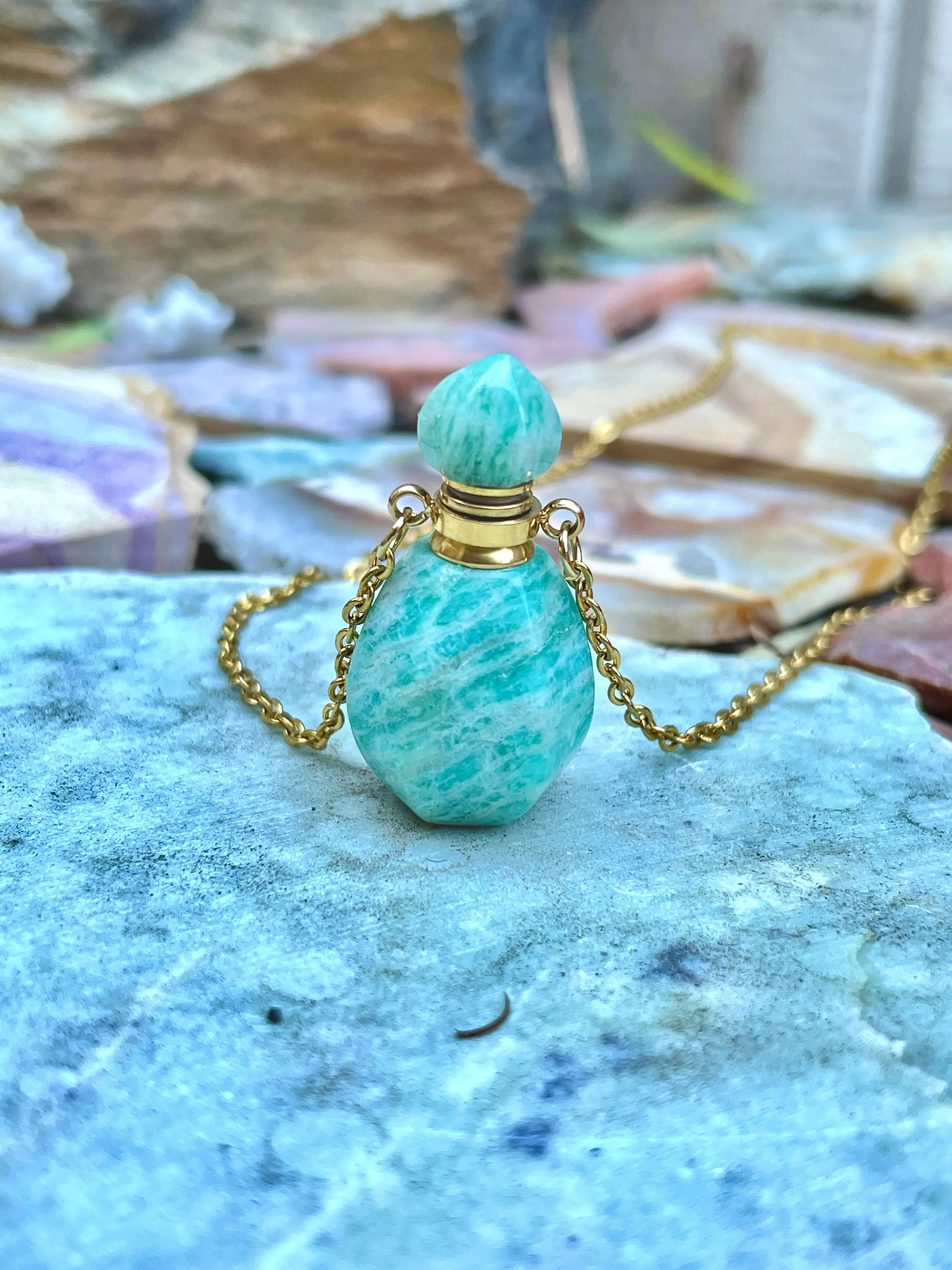 Amazonite Or Rose Quartz Gem Stone Perfume Bottle Essential Oil Necklace Pendant