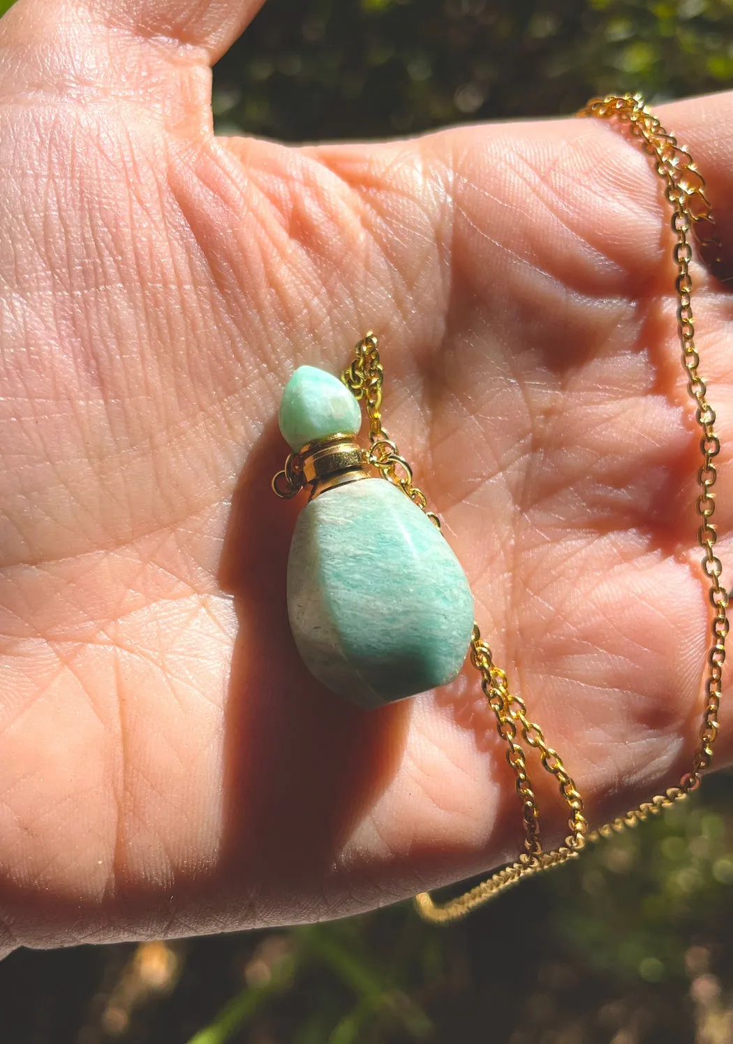 Amazonite Or Rose Quartz Gem Stone Perfume Bottle Essential Oil Necklace Pendant