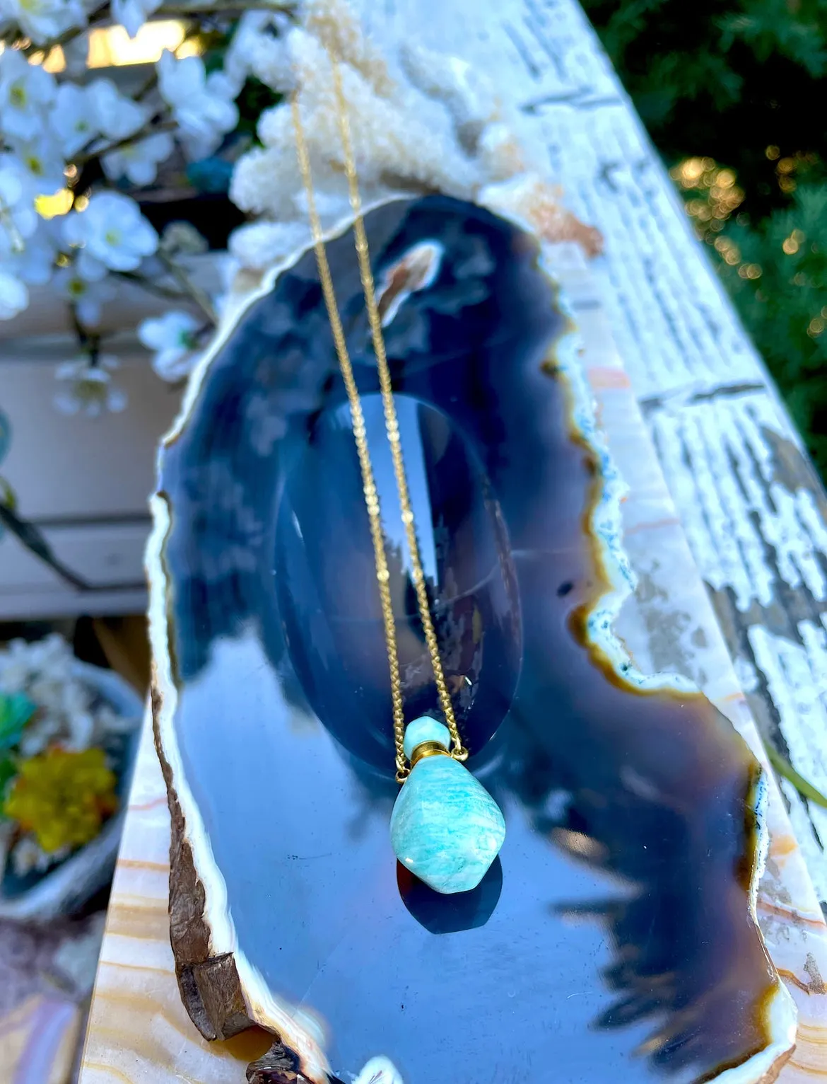 Amazonite Or Rose Quartz Gem Stone Perfume Bottle Essential Oil Necklace Pendant