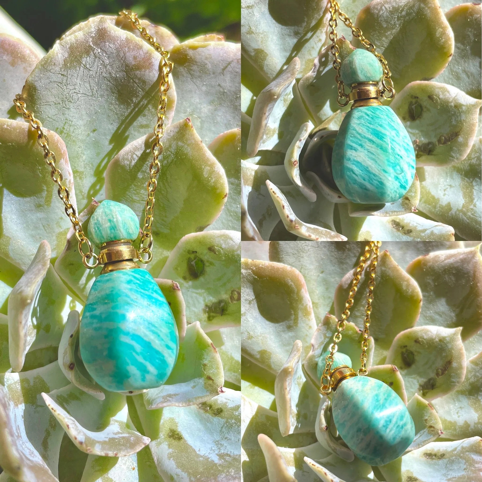 Amazonite Or Rose Quartz Gem Stone Perfume Bottle Essential Oil Necklace Pendant