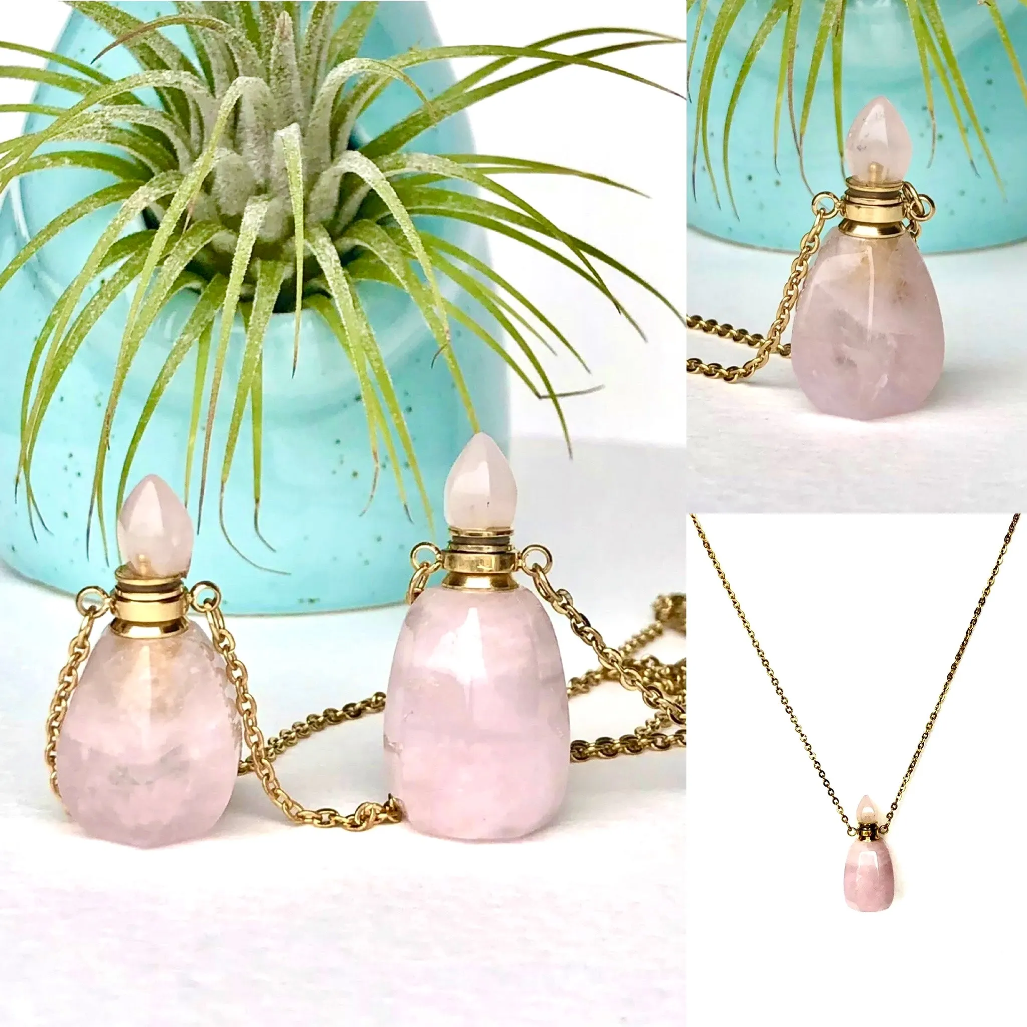 Amazonite Or Rose Quartz Gem Stone Perfume Bottle Essential Oil Necklace Pendant