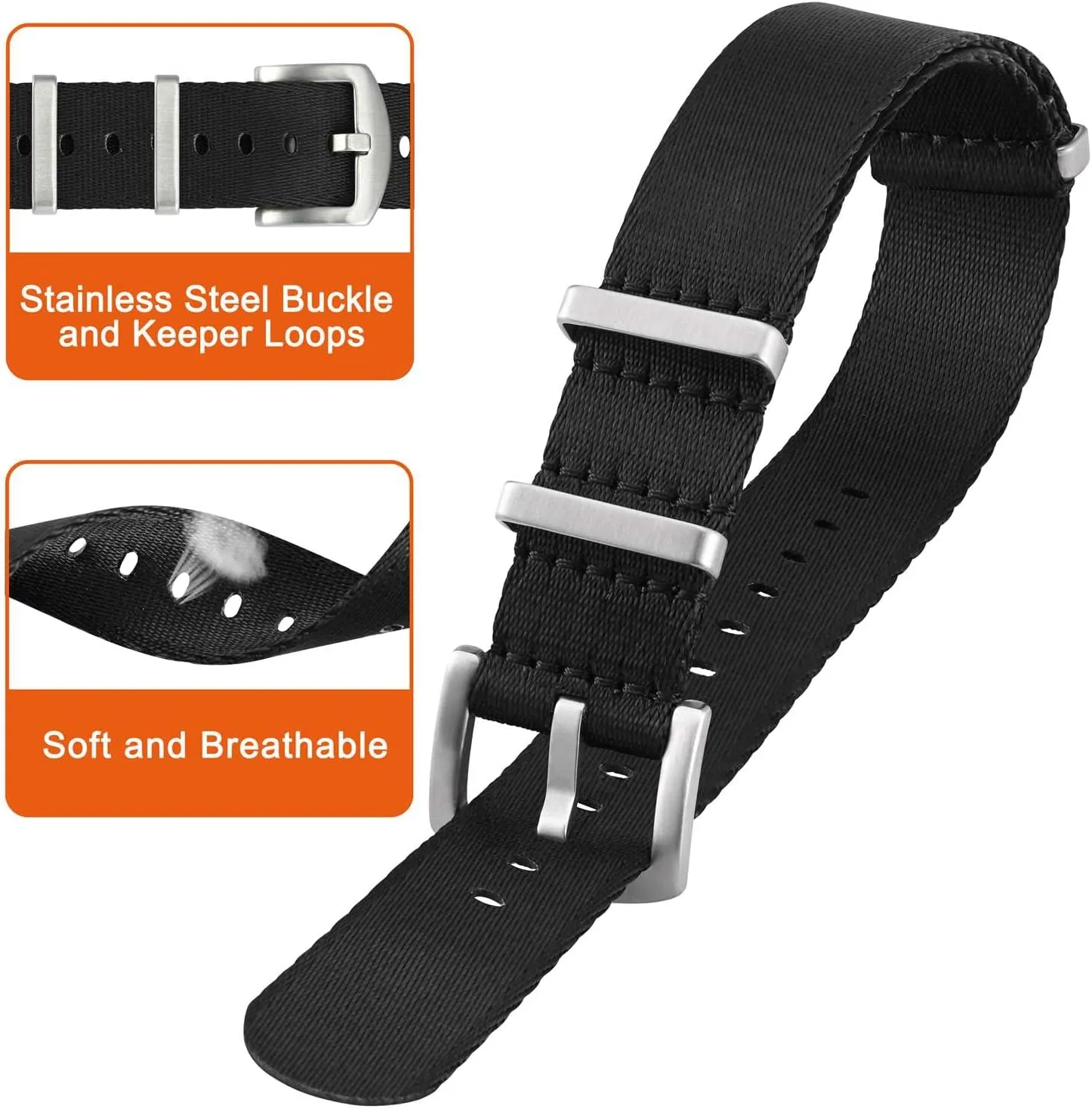 ANNEFIT Military Nylon Watch Band for Men Women, Replacement Watch Straps 18mm 20mm 22mm with Silver Black Stainless Steel Buckle