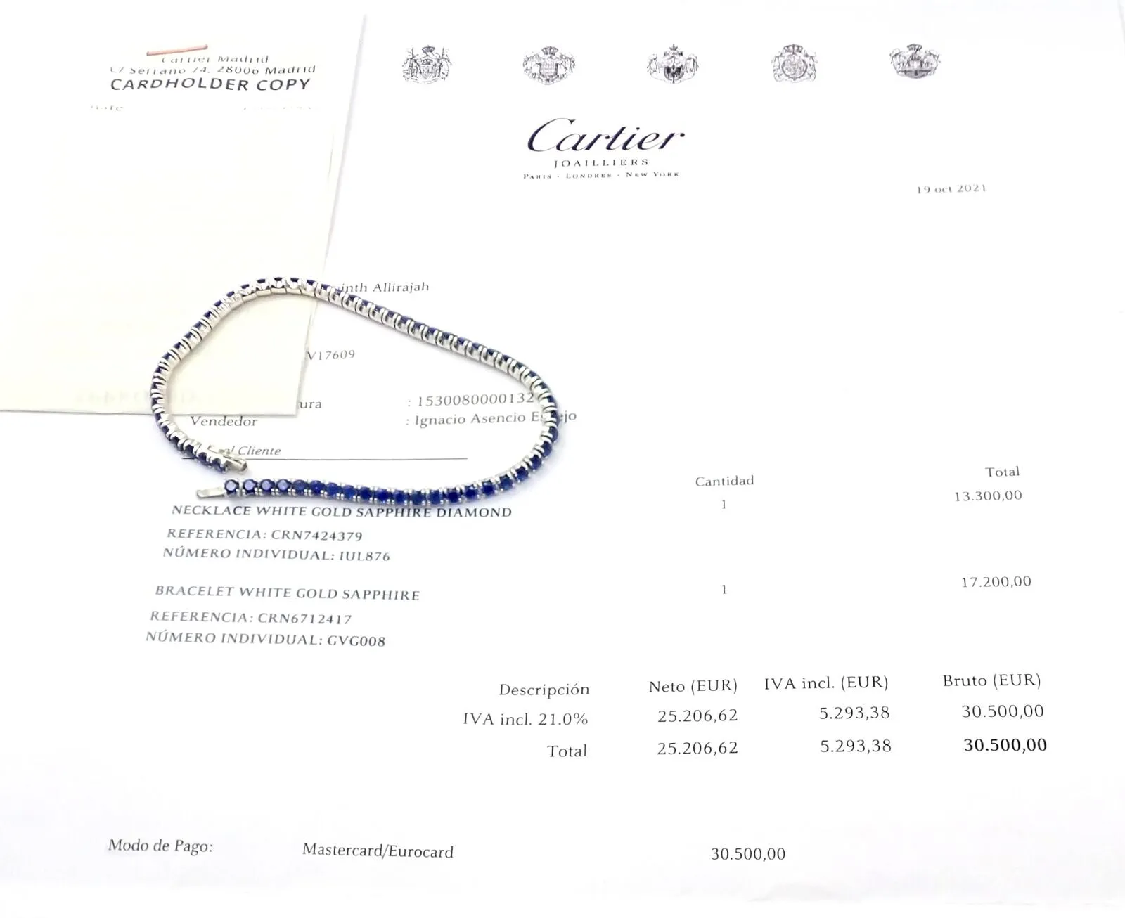 Authentic! Cartier 18k White Gold Sapphire Essential Lines Bracelet Paper