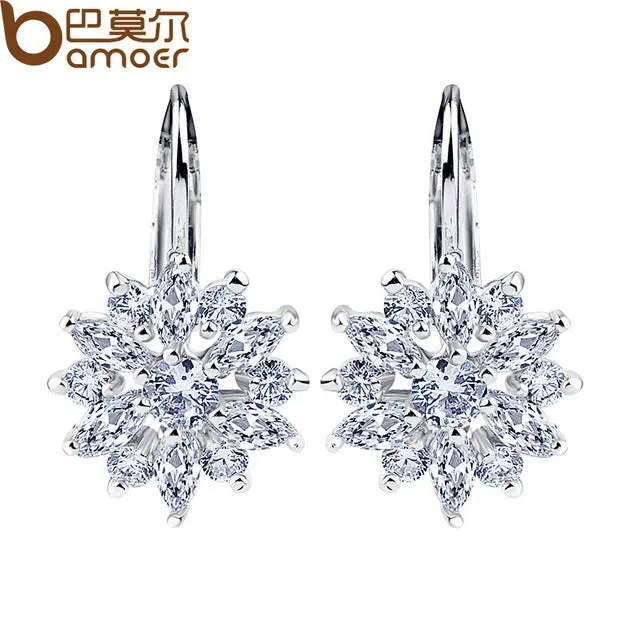 BAMOER 3 Colors Luxury Gold Color Flower Stud Earrings with Zircon Stone Women Birthday Gift Bijouterie JIE014
