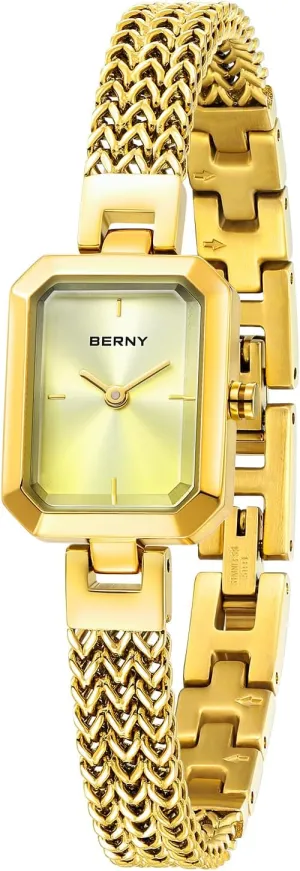 BERNY Gold Watch for Women Dainty Quartz Bracelet Watch Ladies Rectangle Mini Wrist Watches Small Fashion 3ATM Waterproof All Stainless Steel Detachable Watch Band