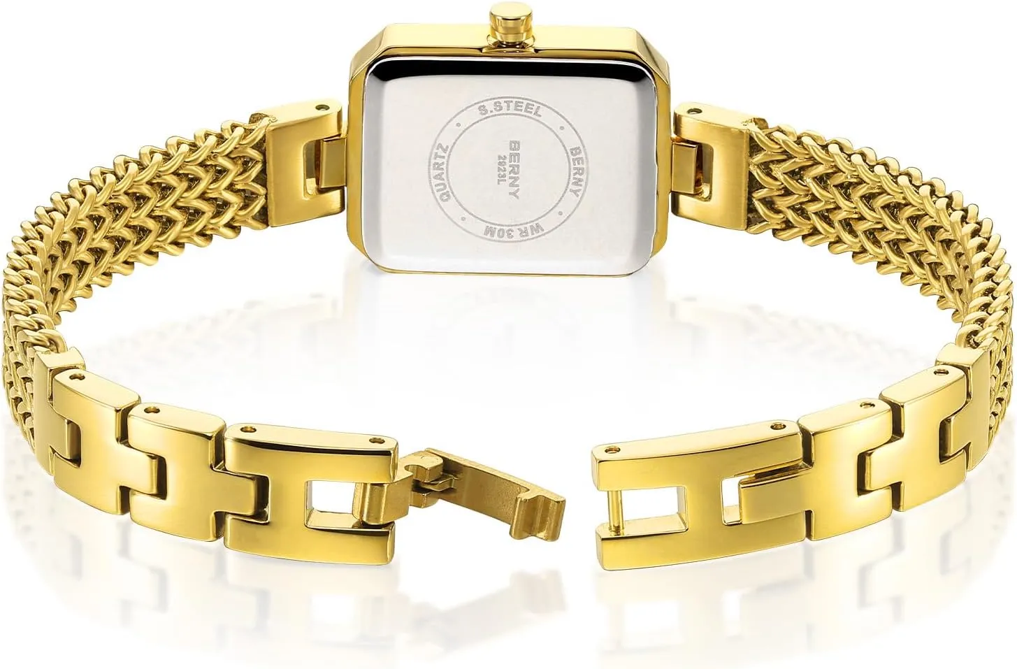 BERNY Gold Watch for Women Dainty Quartz Bracelet Watch Ladies Rectangle Mini Wrist Watches Small Fashion 3ATM Waterproof All Stainless Steel Detachable Watch Band