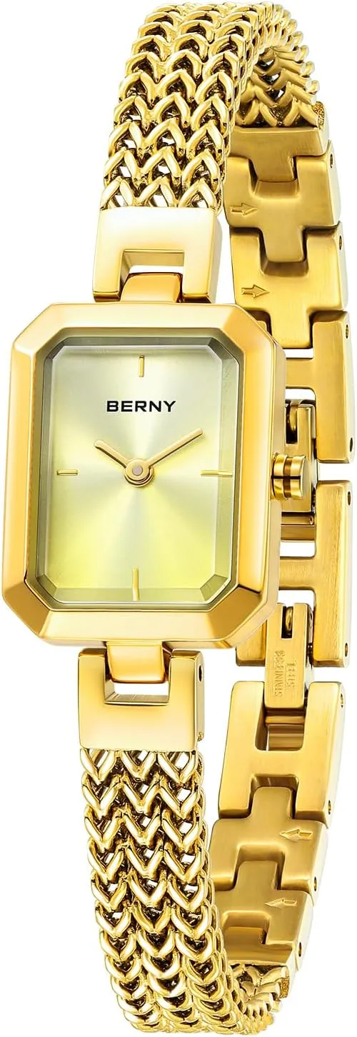 BERNY Gold Watch for Women Dainty Quartz Bracelet Watch Ladies Rectangle Mini Wrist Watches Small Fashion 3ATM Waterproof All Stainless Steel Detachable Watch Band